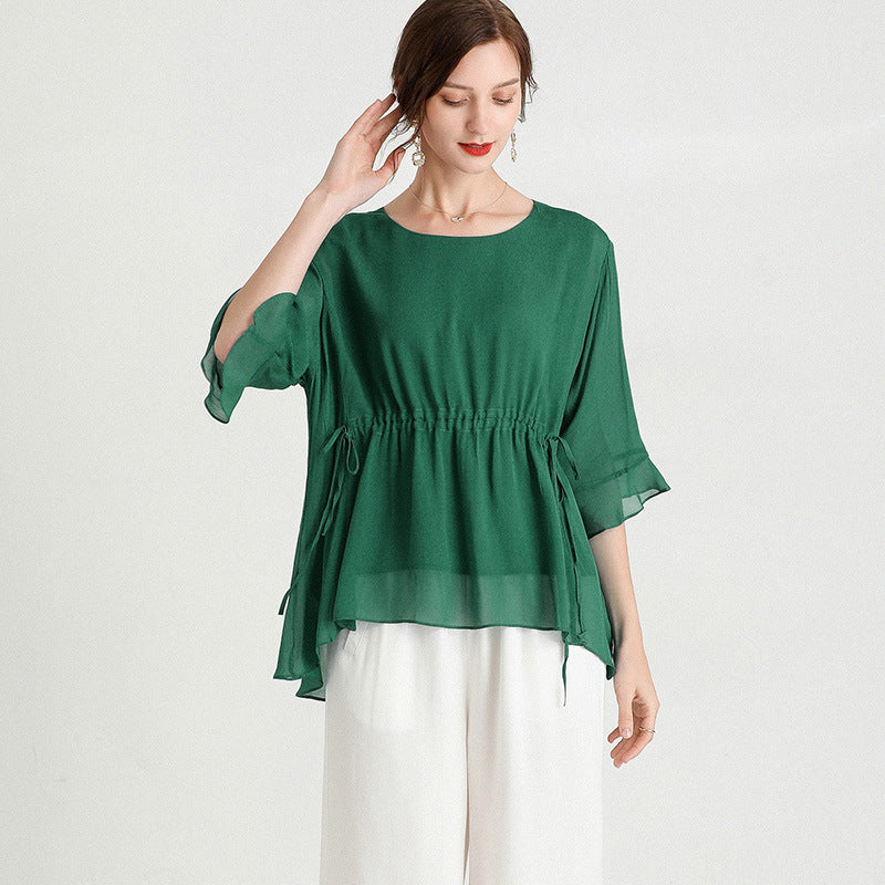 Summer New Style Temperament Short-Sleeved Plus Size Slimming Silk Blouse Women