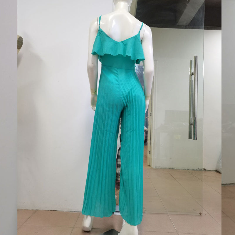 Europäische und amerikanische Damenbekleidung, modischer Jumpsuit mit Hosenträgern, Plissee, weitem Bein und Rüschen