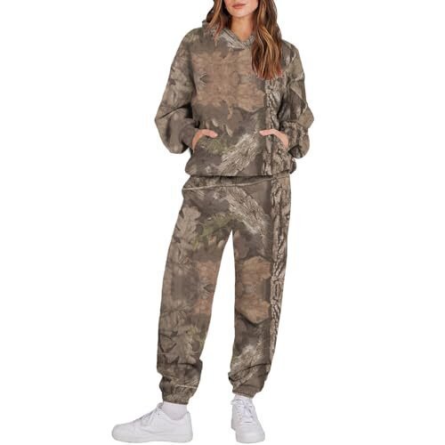 Damen 3 Camouflage Leaves Sports Kapuzenpullover mit langen Ärmeln und Jogginghose im Set