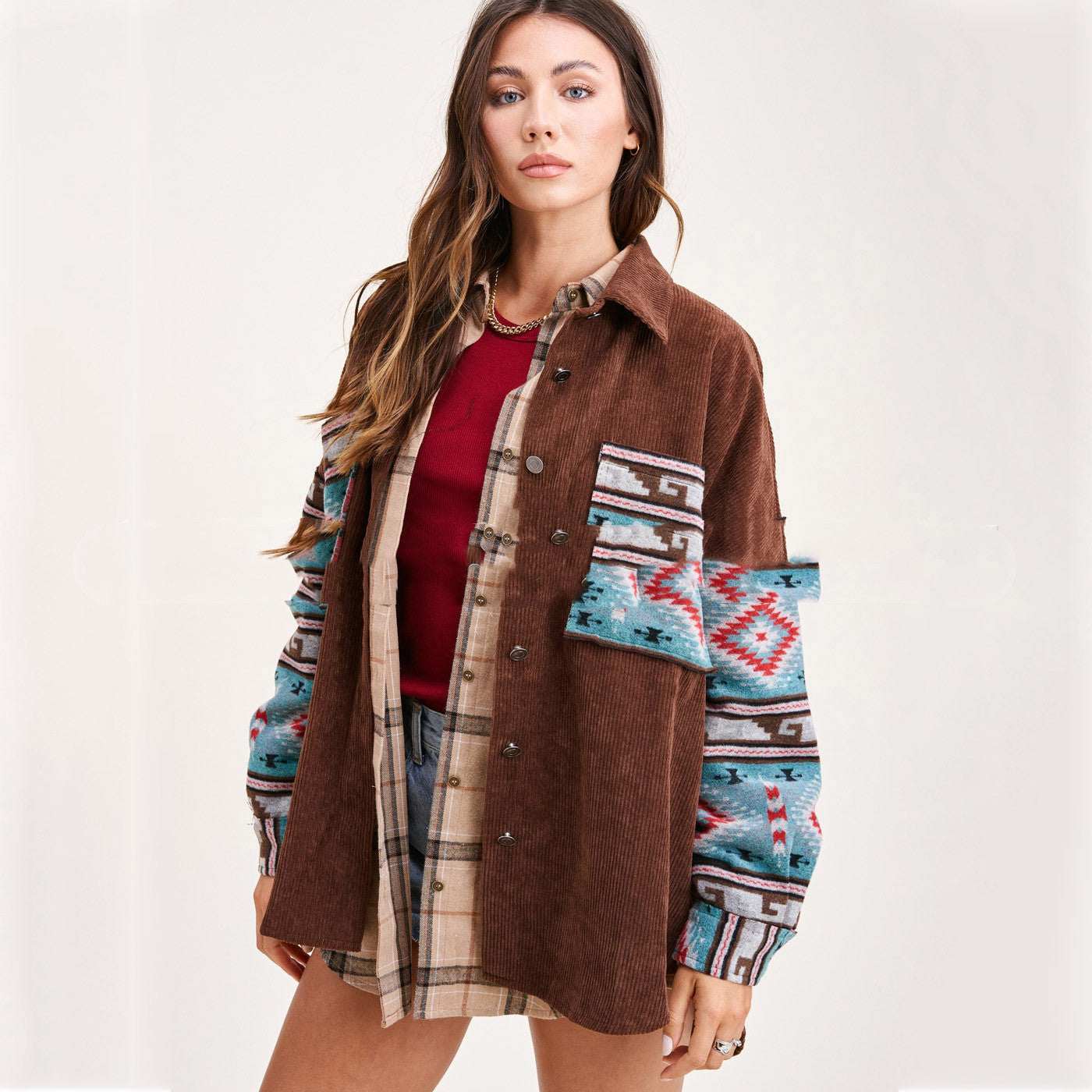 Corduroy Aztec Stitching Printed Pocket Long-sleeved Jacket