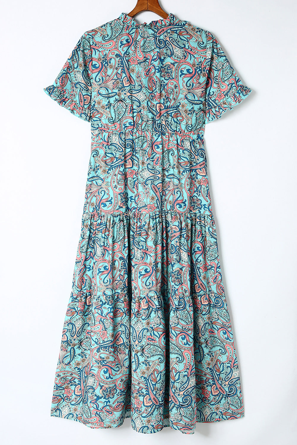 Vestido largo estampado de cachemira boho vacaciones volantes con gradas azul cielo