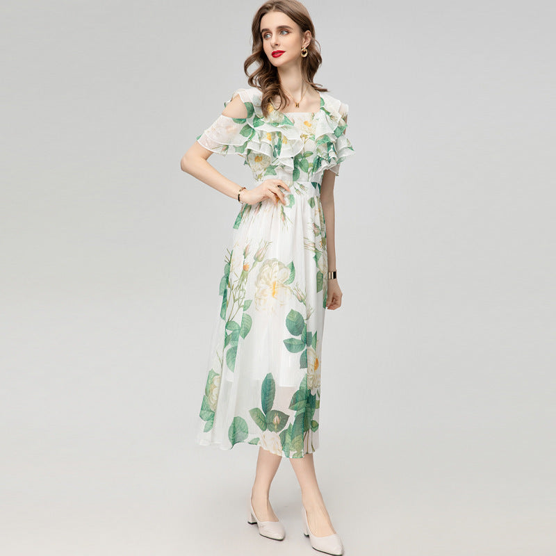 Square Collar Off-the-shoulder Beautiful Printed Fashionable Chiffon Long Dress