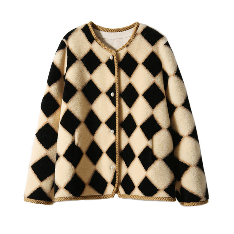 Chessboard Plaid Full Wool Sheepskin Fur Women's Winter