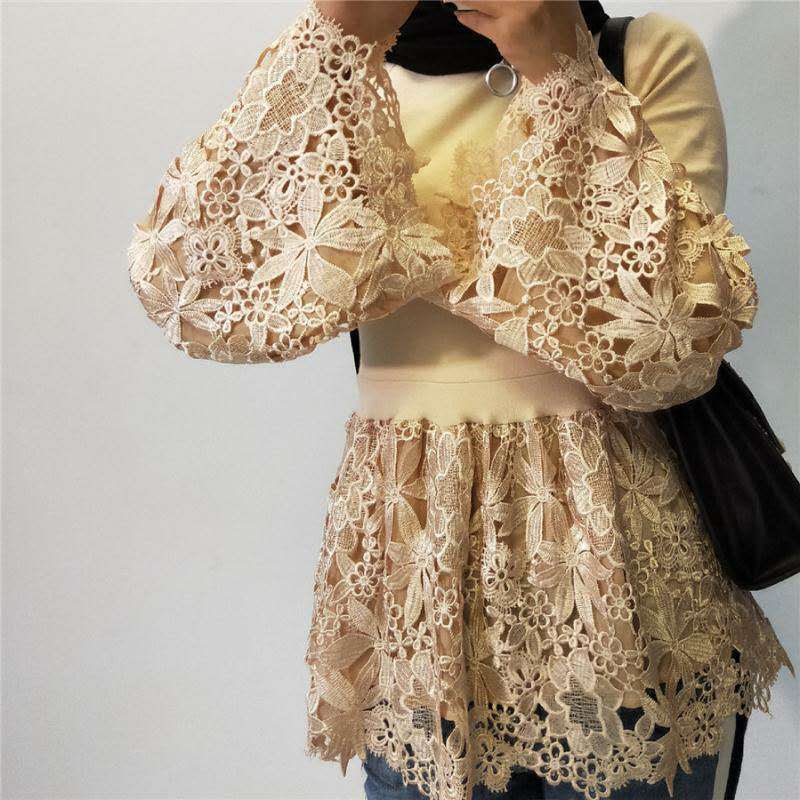 European And American Fashion Plus Size Bell Sleeve Lace Shirt Patchwork Stand-up Collar Short Top For Women