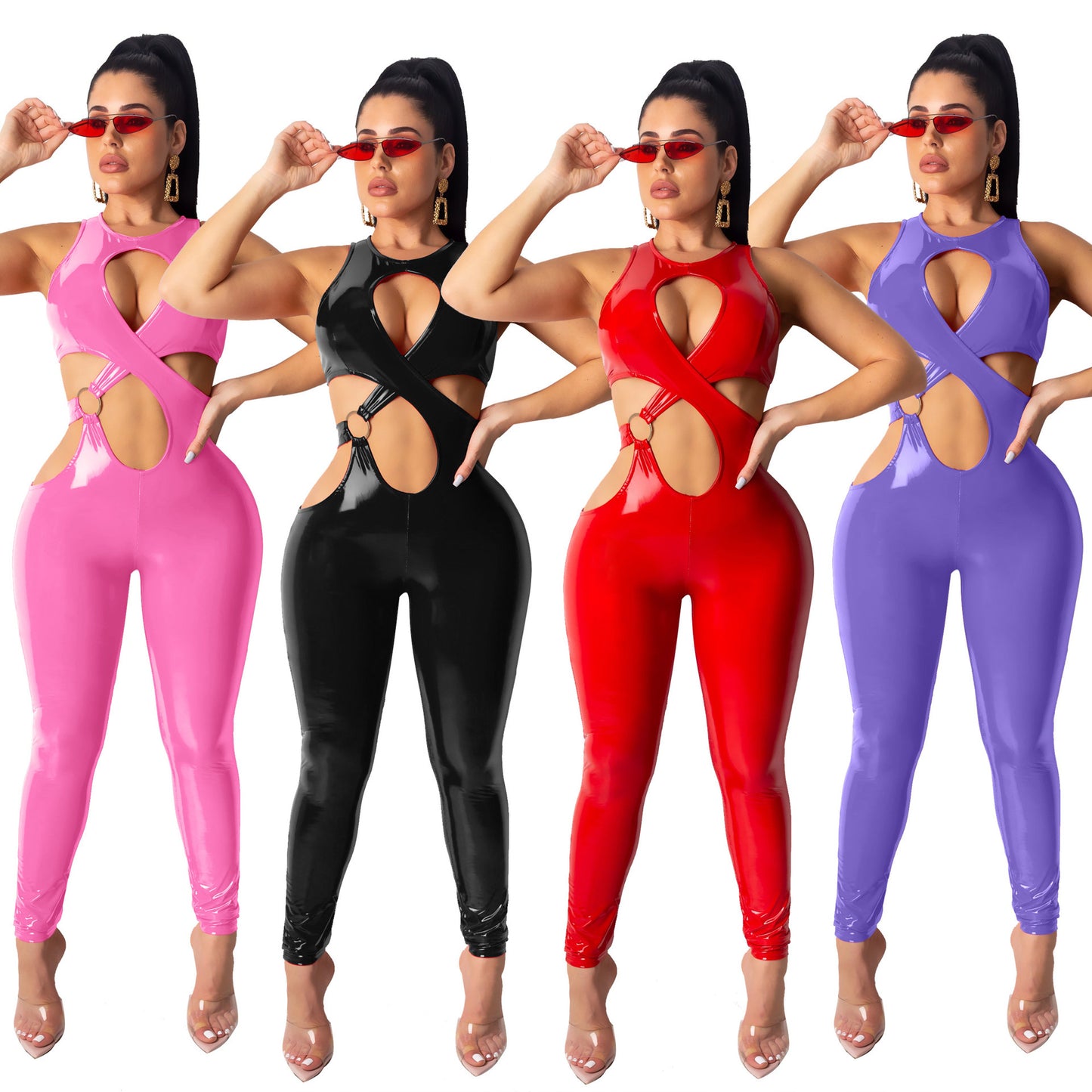 Jumpsuit aus verdicktem PU mit Stretch-Fleece und überkreuzter Weste