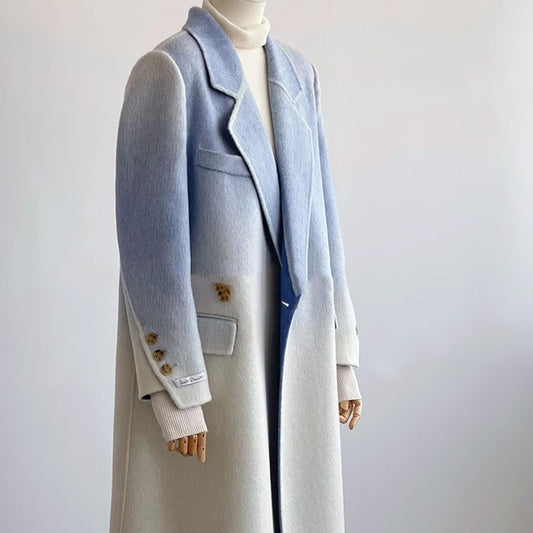 Double-faced Woolen Goods Shoulder Elegant Blue Gradient White Coat Coat