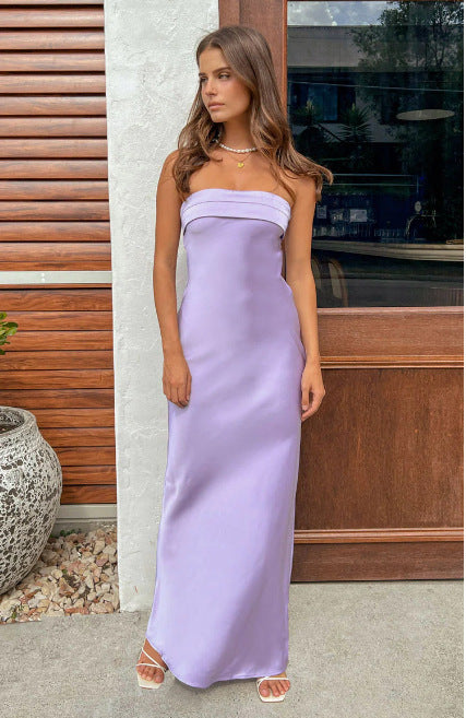 Sommerkleid aus einfarbigem, elastischem, rückenfreiem Stricksatin für Damen