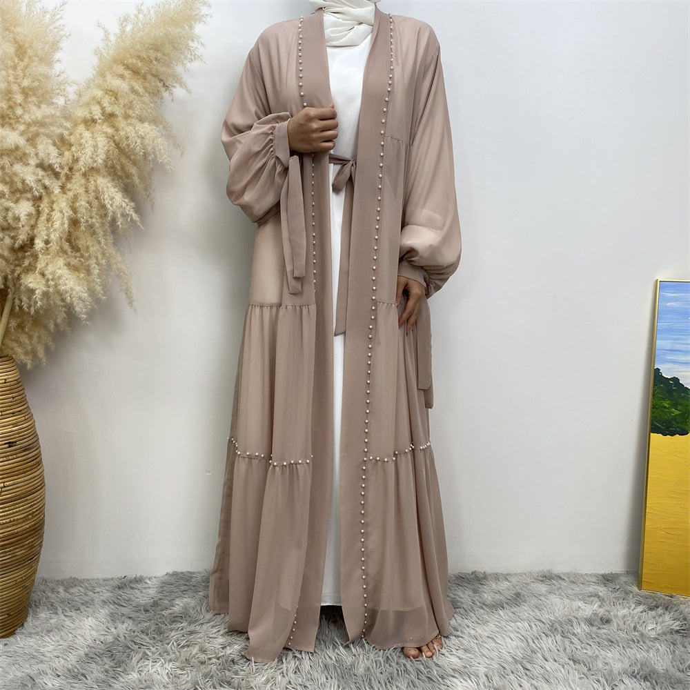 Elegante, einfarbige, perlenbesetzte muslimische Strickjacke aus Chiffon mit Schnürung