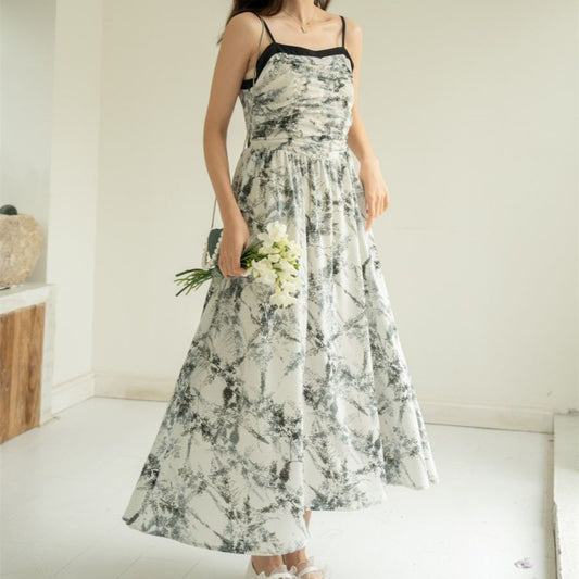 Summer French Style Temperament Design Waist Slimming Sling Flower In Ink Mid-length Dress