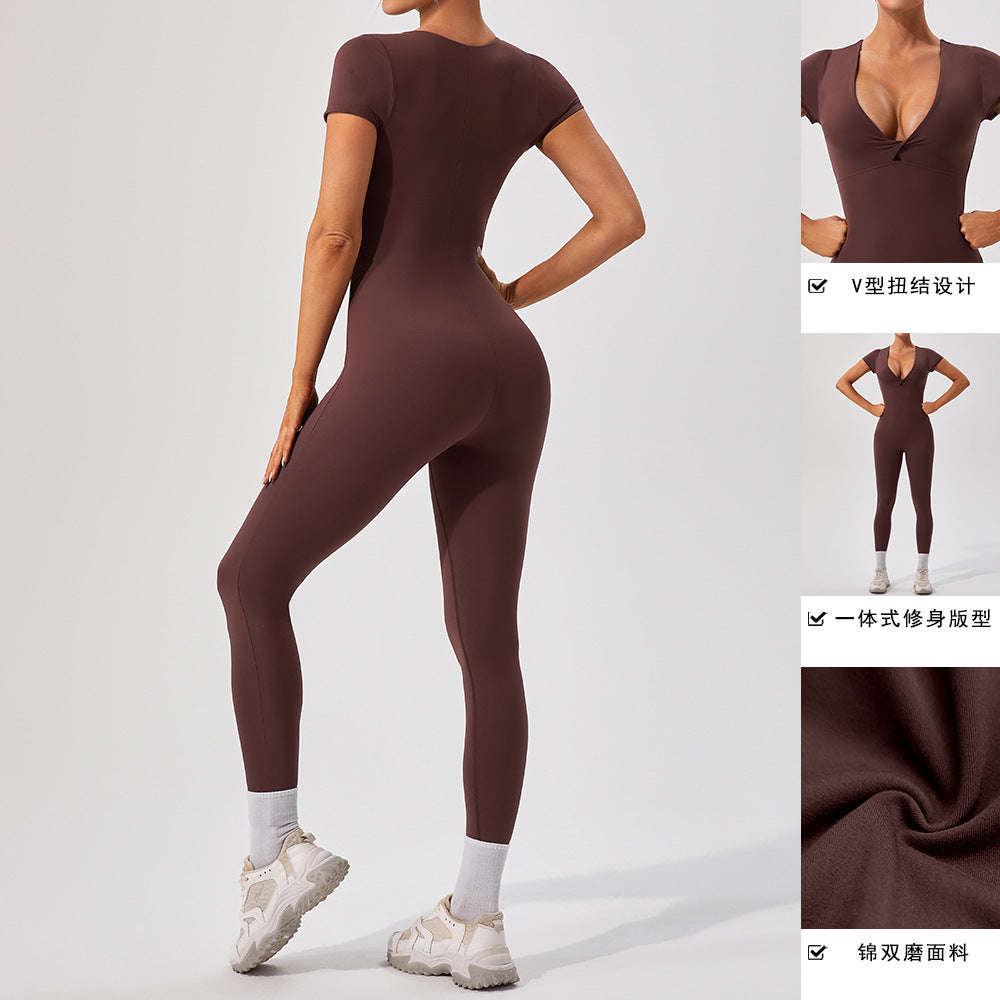 European And American Sexy Nude Feel Short Sleeve Yoga Jumpsuit