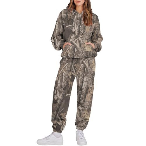 Damen 3 Camouflage Leaves Sports Kapuzenpullover mit langen Ärmeln und Jogginghose im Set