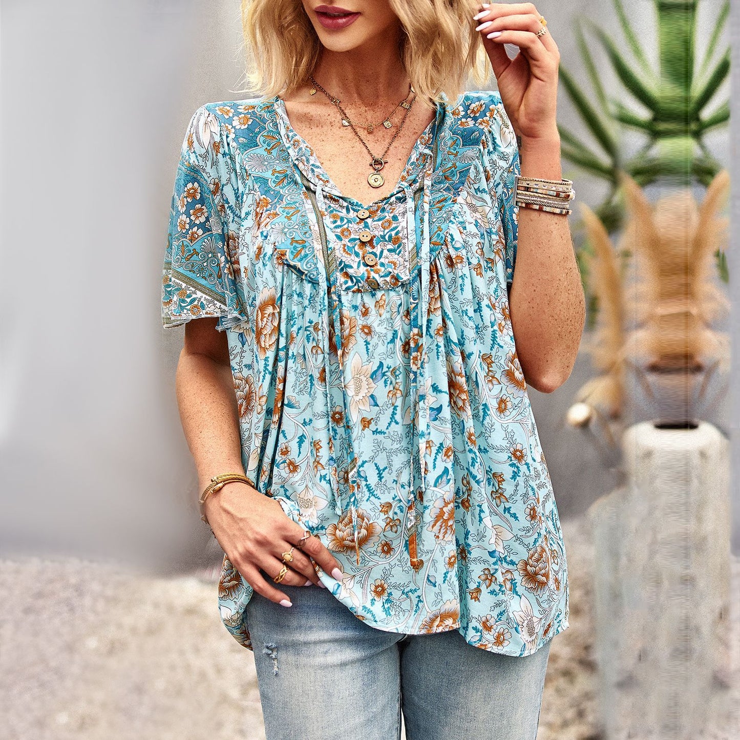 Camisa estampada asiática Top informal con cuello para mujer