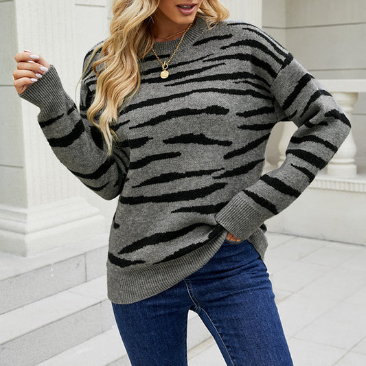 Autumn And Winter New Striped Sweater Pullover Tiger Pattern Color Matching Sweater For Women