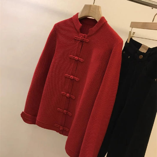 Chinesischer roter neuer Strickjackenpullover mit Schnalle im chinesischen Stil für Frauen