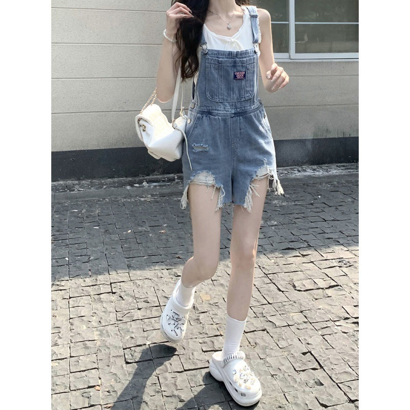 Damen All-Match Denim Overalls Shorts verwaschen zerrissen weites Bein