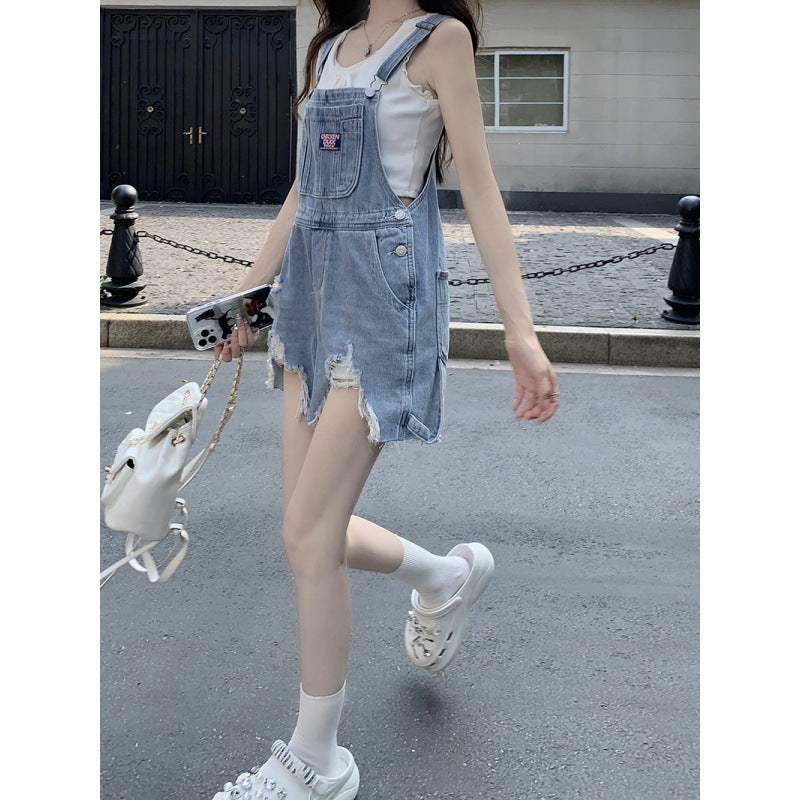 Damen All-Match Denim Overalls Shorts verwaschen zerrissen weites Bein