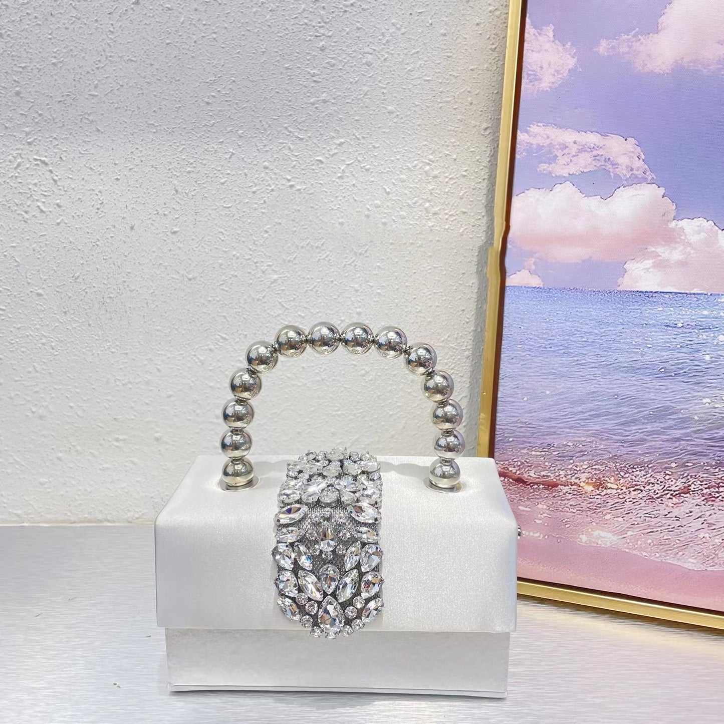 Bolso pequeño cuadrado de seda con diamantes de imitación brillantes de estilo francés