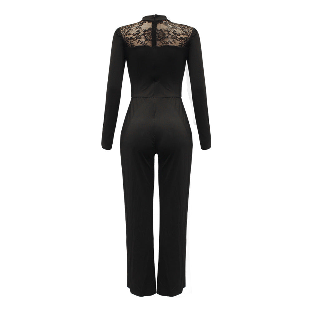 Fashion Solid Color Long Sleeve Stitching Wide Leg Jumpsuit Women