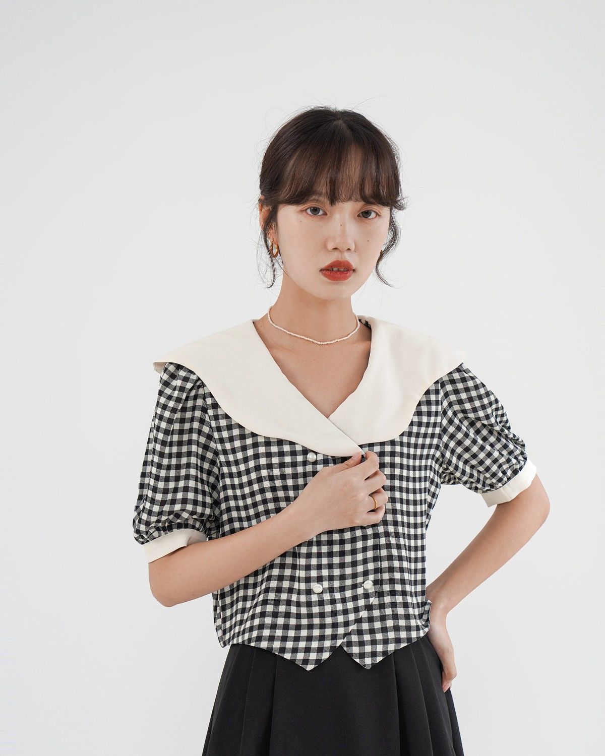 French Double-Breasted Plaid Shirt Ruffle Crop Top