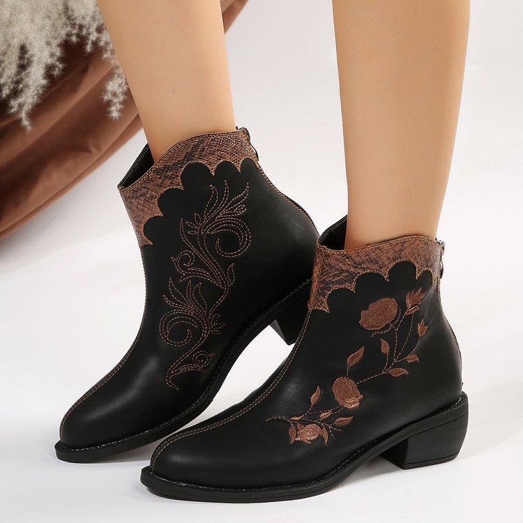 Women's Pointed-toe Stitching Embroidered Chunky Heel Chelsea Mid-calf Boots