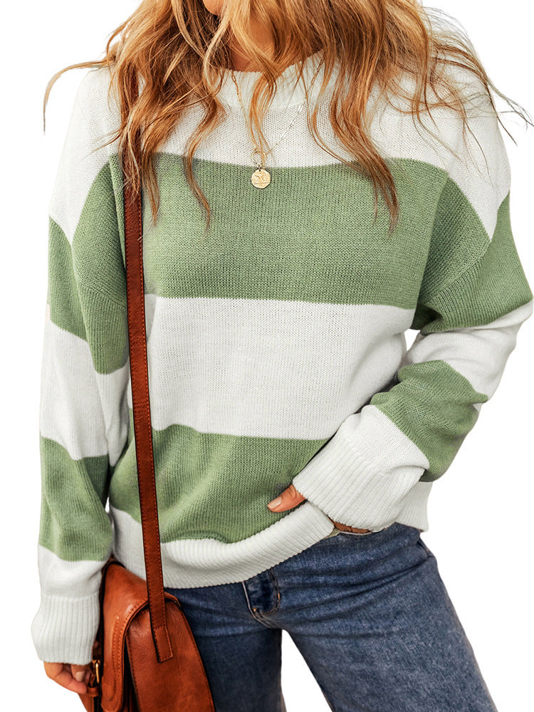 Women's Simple Wide Striped Round Neck Contrast Color Long-sleeved Top