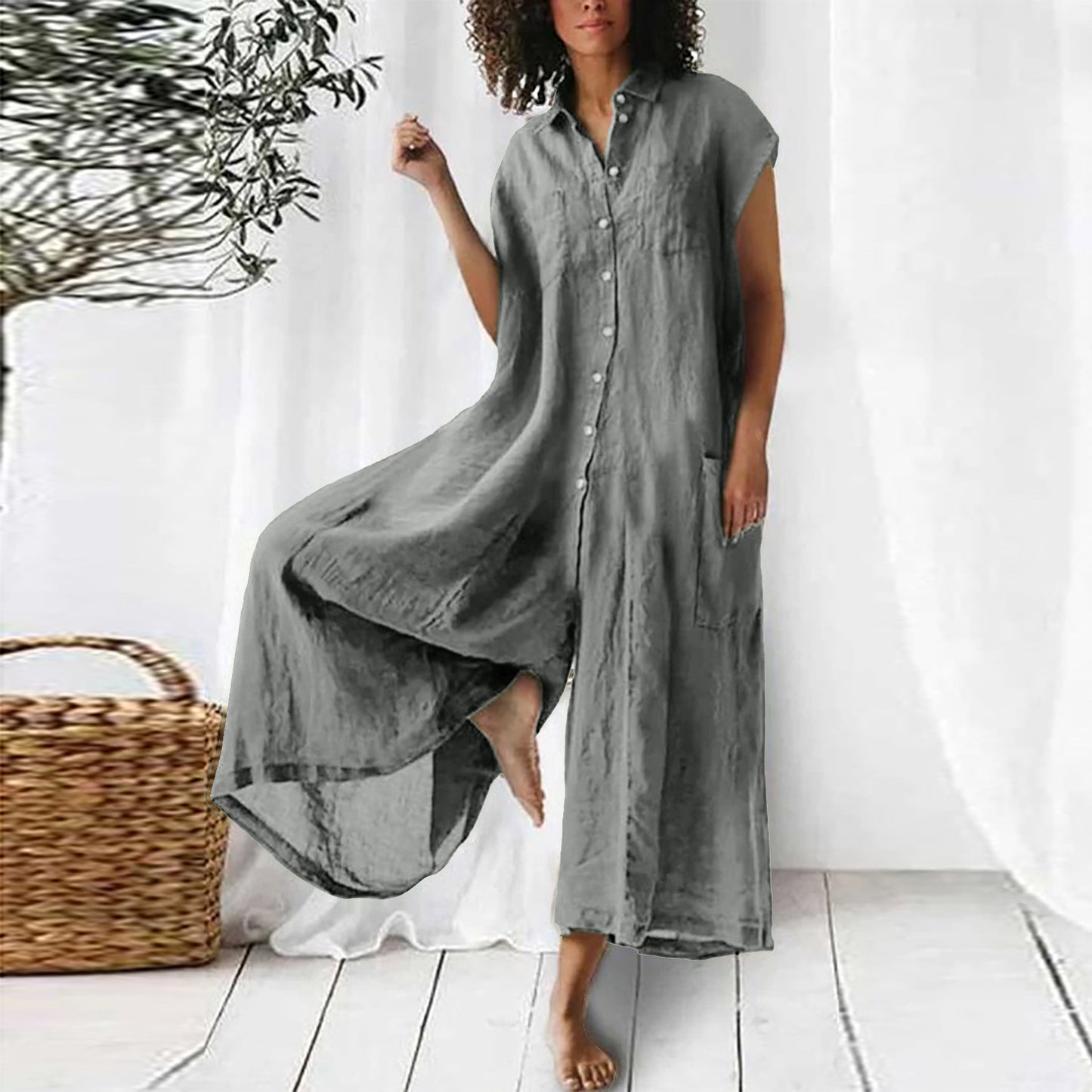 Women's Solid Color Casual Long-sleeved Mid-length Jumpsuit