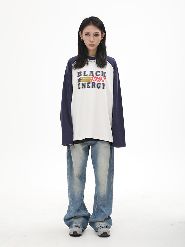 Blur Letter Print Loose Drape Long Sleeve