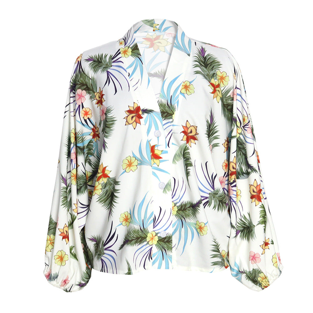 Deep V bubble long sleeve printed shirt