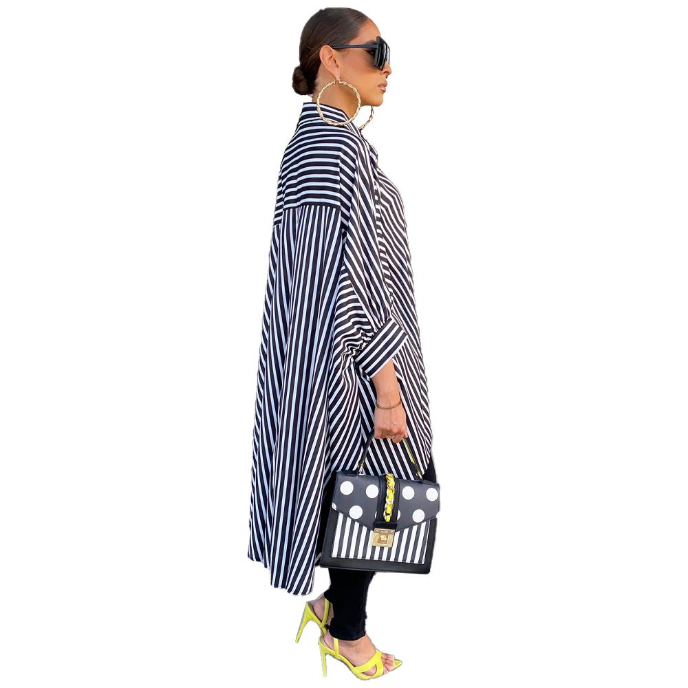 Striped Shirt Loose Long Thin Coat Choose Top