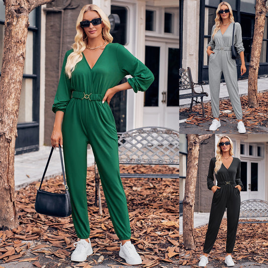 Jumpsuit mit V-Ausschnitt und langen Ärmeln und Gürtel für Damen