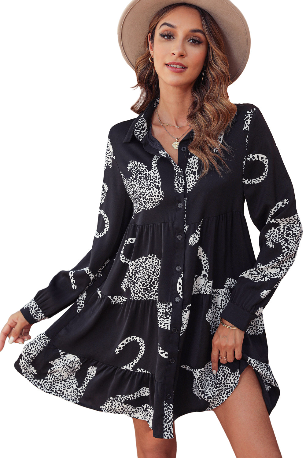 Black Leopard Print Button-up Long Sleeve Shirt Mini Dress