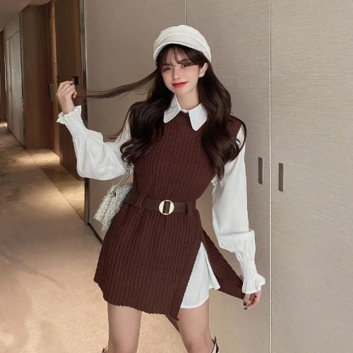 Suit Temperament Shirt Knitted Vest Jacket Female Two-Piece Trend