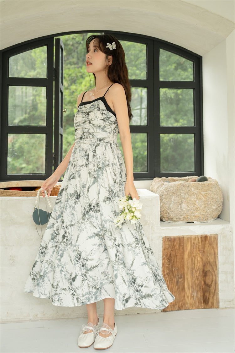 Summer French Style Temperament Design Waist Slimming Sling Flower In Ink Mid-length Dress