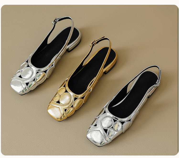 Mode Sommer Neue Zehenkappe Weibliche Quadratische Zehen Niedrigen Absatz Zurück Riemen Schnalle Gold Silber Hohl Elegante Damenschuhe