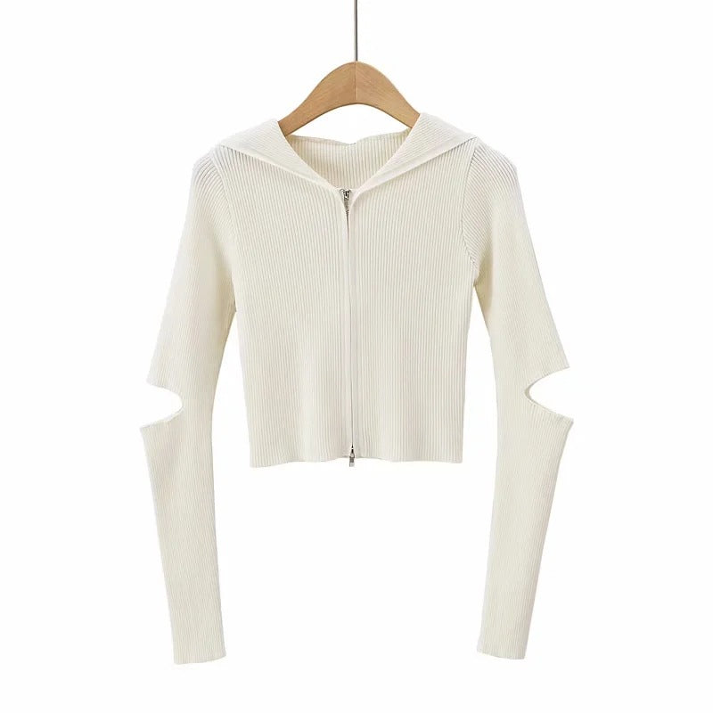 Solid Color Short Long-sleeved Hooded Knitted Cardigan