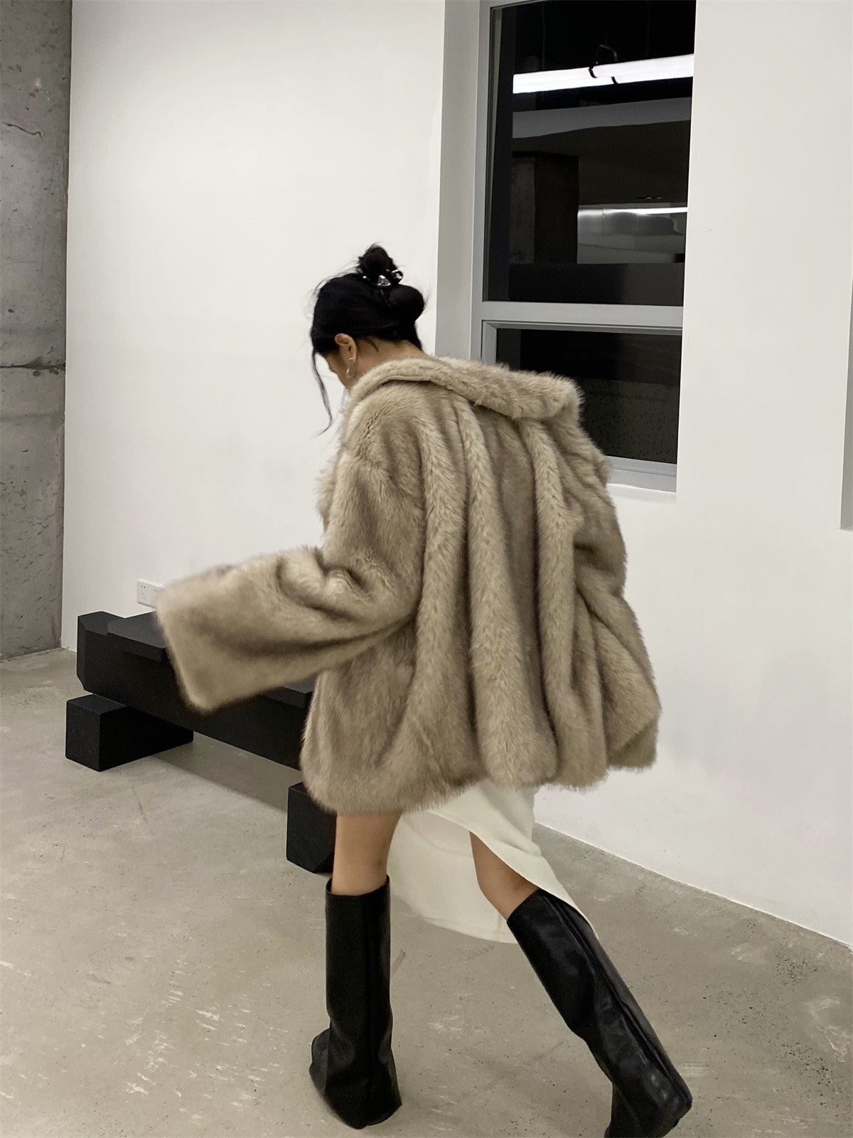 Coat Fur Collar Coat Women's Fashion Loose And Lazy Style Mid-length Artificial Wool