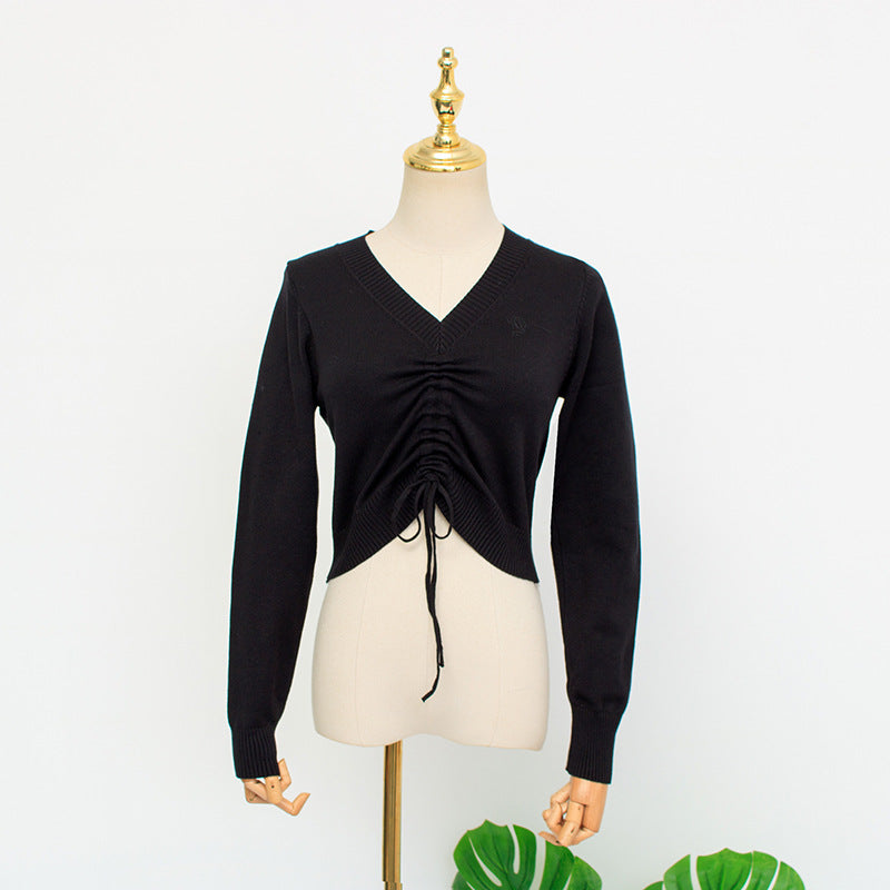 Suéter con cuello en V para mujer, suéter con cordón de encaje