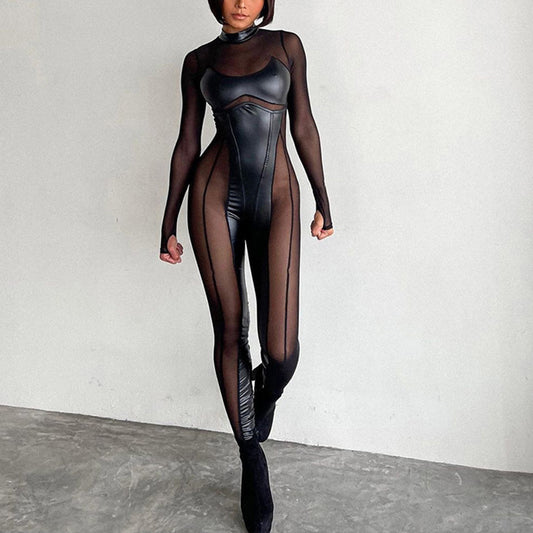 Durchsichtiger, langer, sexy, enger schwarzer Jumpsuit aus Patchwork-Netzstoff für Damen