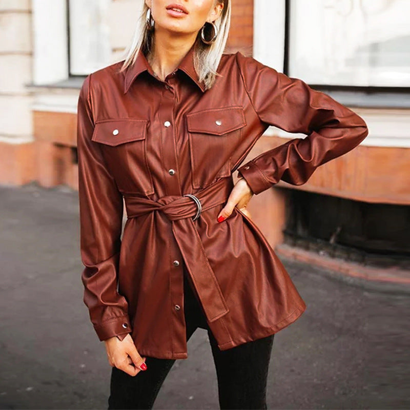 American style lapel leather shirt