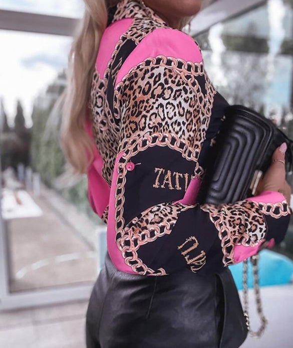 Ropa de mujer europea y americana Nueva camisa larga con estampado de leopardo y cadena transfronteriza