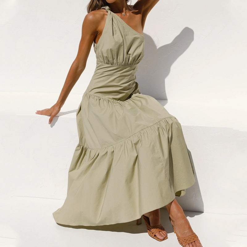 Fashion Off-the-shoulder Swing High Waist Pure Color Irregular Dress