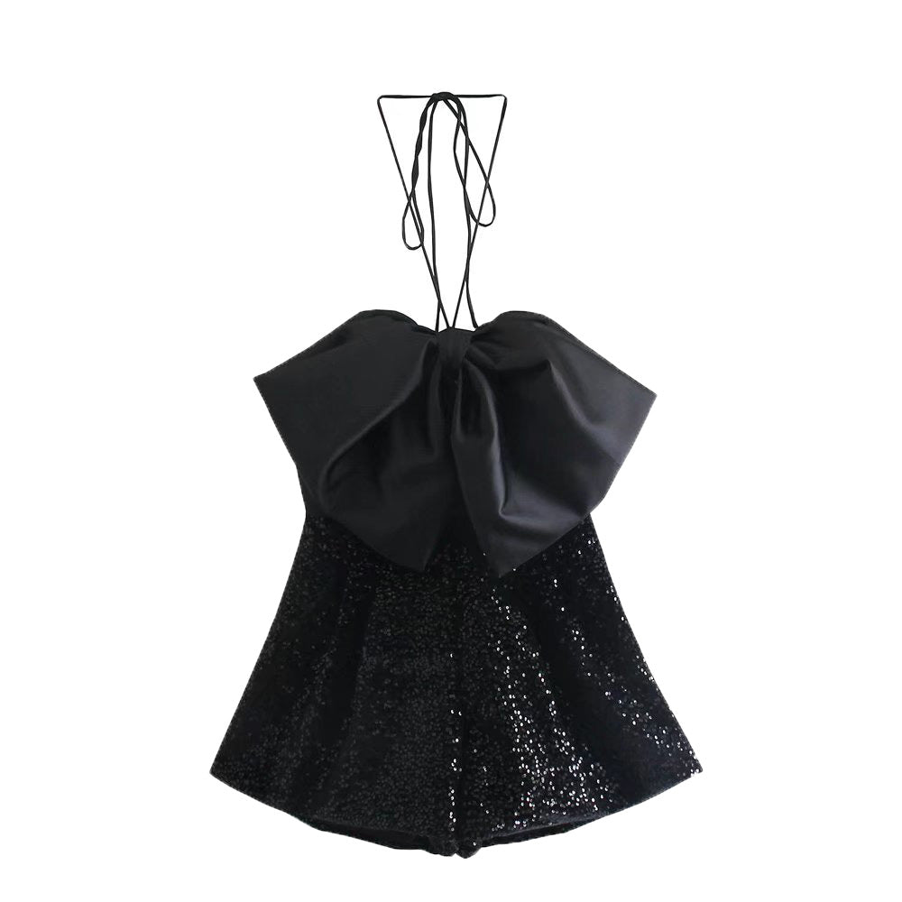 European And American Style Sequined Bow Short Jumpsuit