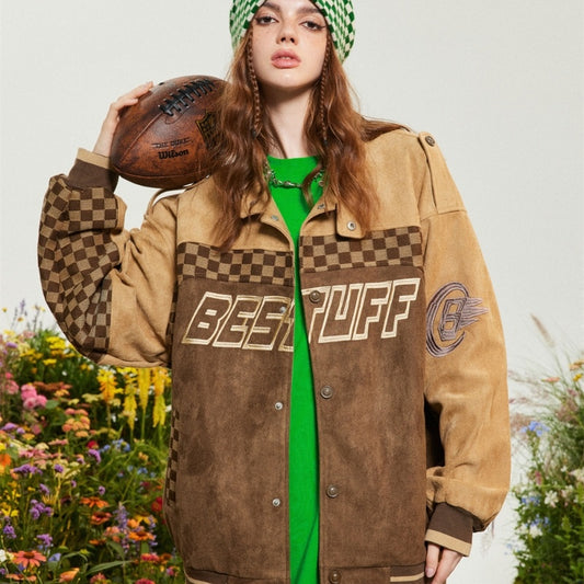 Chaqueta de motociclista con costuras a cuadros y diseño retro de tablero de ajedrez americano