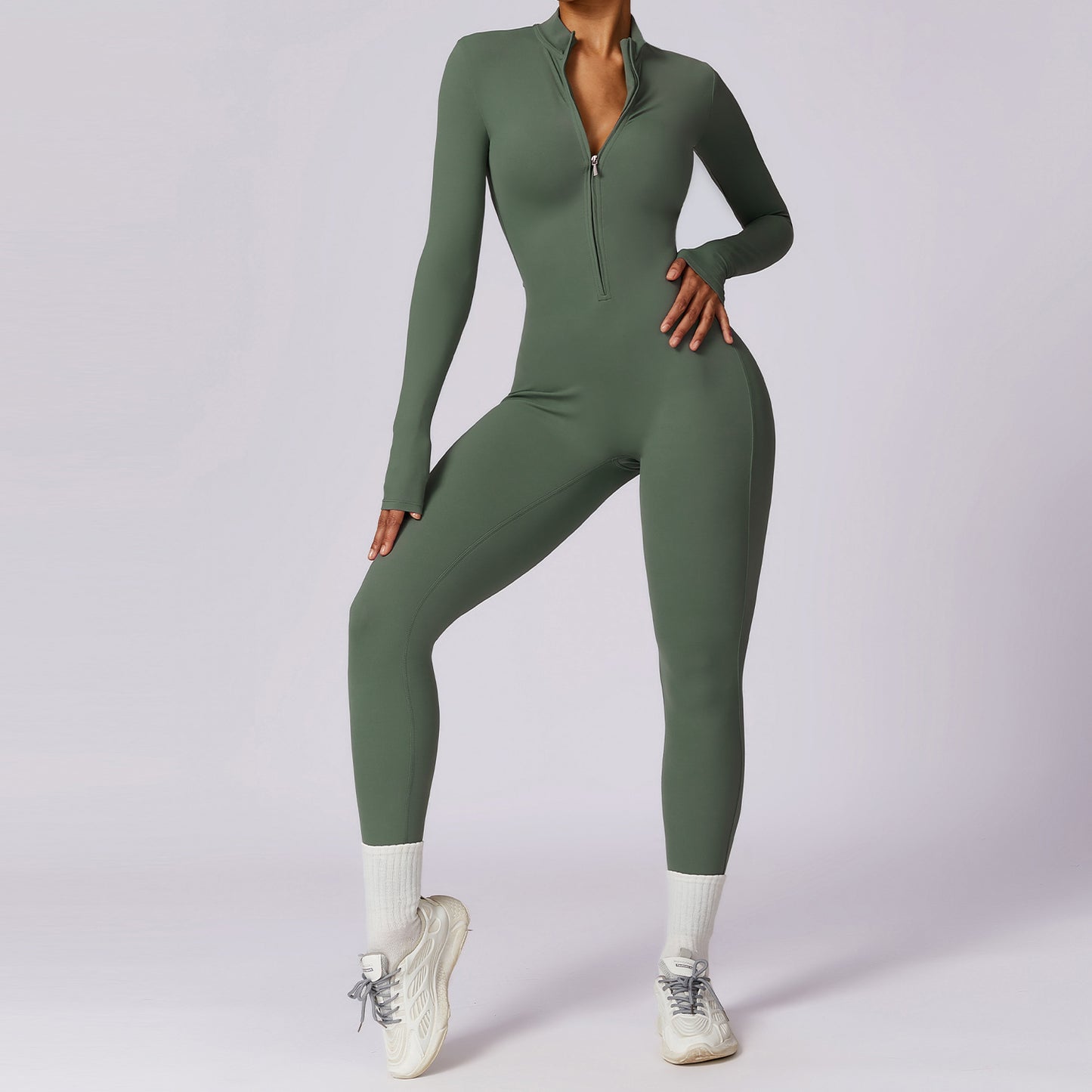 Langärmliger Yoga-Sport-Overall mit Reißverschluss für Damen