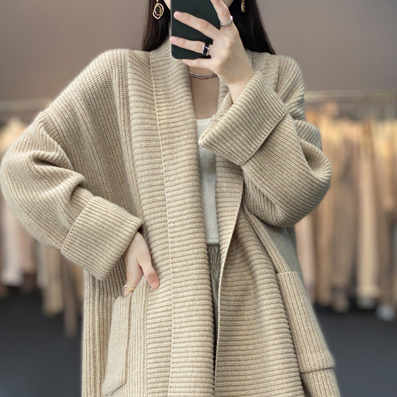 Women's Fashion Temperament Lapel Thickening Solid Color Sweater Coat