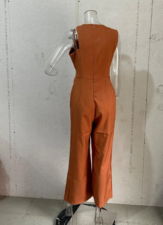 Fashion Round-neck High Waist Solid Color Hollow Out Wide Leg Jumpsuit