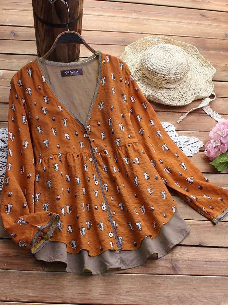 spring new explosion cotton and linen printed fake two-piece shirt S-5XL