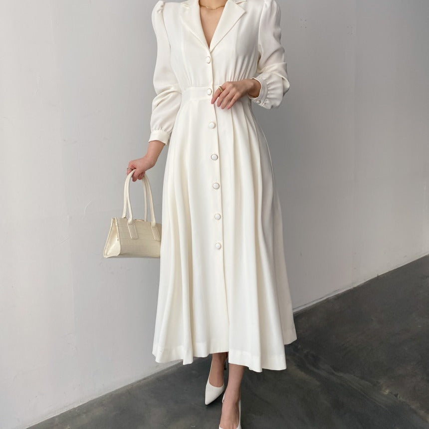 Women's Solid Color Shirt-style Long Dress