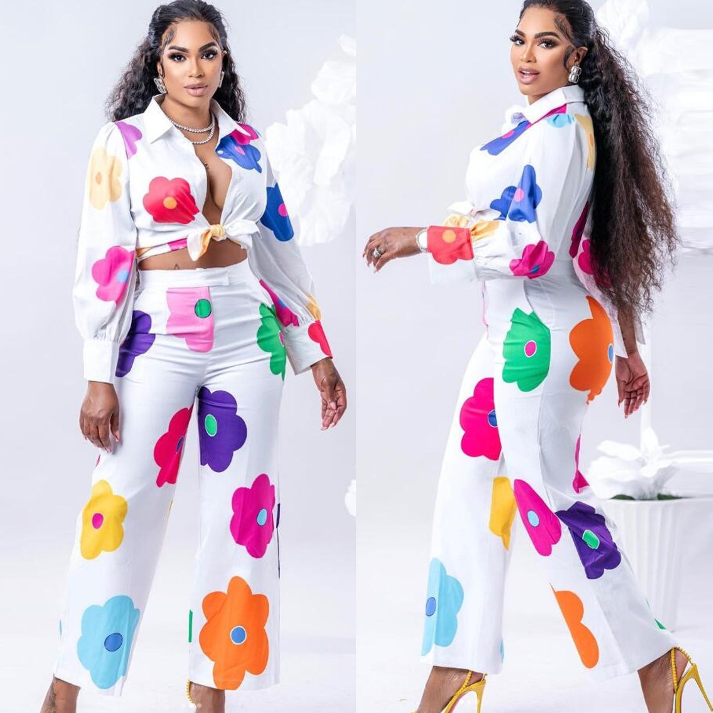 Conjunto de dos piezas de traje de camisa estampado en color de moda para mujer