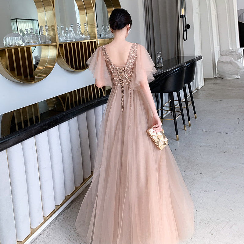 Vestido de noche de banquete con cuello en V color champán para presentación coral